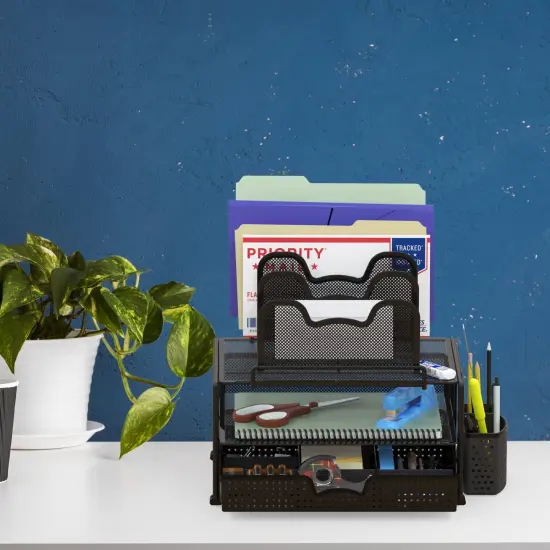 SimpleHouseware Mesh Desk Organizer with Sliding Drawer, Double Tray and 5 Stacking Sorter Sections, Black {3}