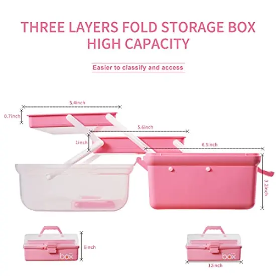 12'' Three-Layer Multipurpose Storage Box Organizer Folding Tool Box/Art & Crafts Case/Sewing Supplies Organizer/Medicine Box/Family First Aid Box with 2 Trays (Pink) {2}