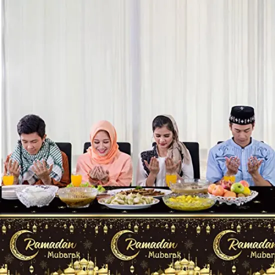 3 Pieces Ramadan Mubarak Tablecloths Eid Mubarak&nbsp;Party Table Decorations Ramadan Kareem Party Decorations Supplies Black and Golden&nbsp;Rectangle&nbsp;Table&nbsp;Cover&nbsp;for Eid Al-fitr Dinning Room Party Favors {6}