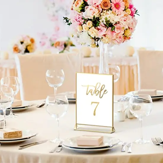 6Pack 4 x 6 Clear Acrylic Sign Holder with Gold Borders and Vertical Stand, Double Sided Table Menu Holders Picture Frames for Wedding Table Numbers, Restaurant Signs, Photos and Art Display {6}
