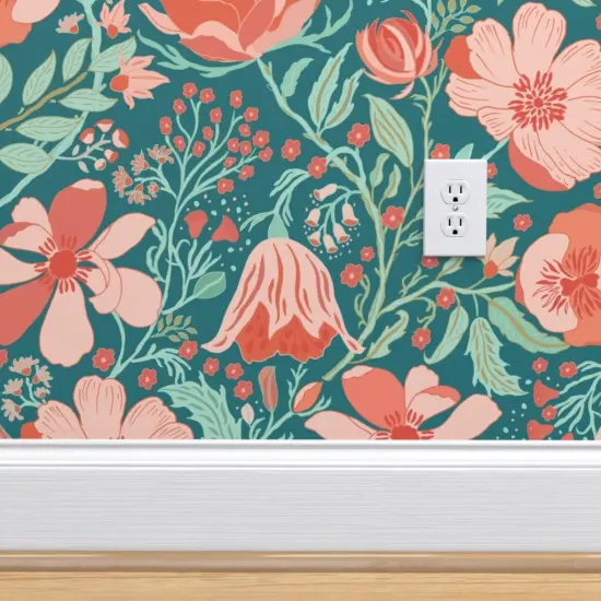 Pre-Pasted Wallpaper 2FT Wide Coral Chintz Blue Green Pink Jumbo Scale Magnolia Flower Botanical Garden Custom Pre-pasted Wallpaper by Spoonflower {4}