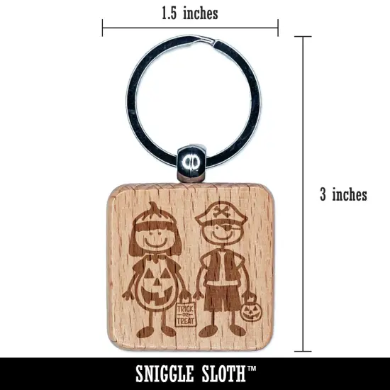 Stick Figure Halloween Trick Or Treaters Kids Engraved Wood Square Keychain Tag Charm {2}