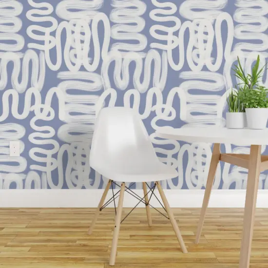 Pre-Pasted Wallpaper 2FT Wide Soft Blue Squiggle Abstract Modern Design Large Scale Watercolor Paint Custom Pre-pasted Wallpaper by Spoonflower {1}