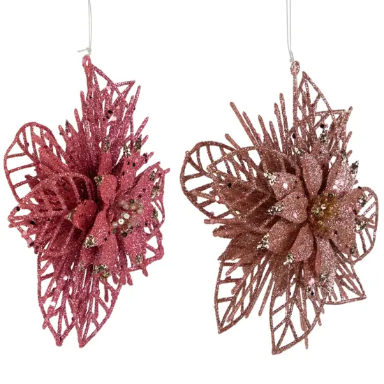 Northlight Pack of 4 Glittered Pink Poinsettia Christmas Ornaments 6" {7}