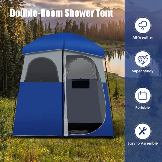 Double-Room Camping Toilet Tent with Floor and Portable Storage Bag-Blue {3}