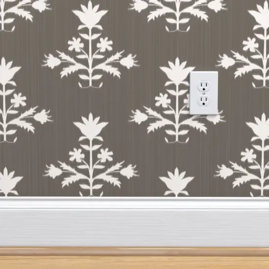 Peel & Stick Wallpaper 2FT Wide Block Print Floral Tulip Traditional Bohemian Ikat Gray Brown Neutral Custom Removable Wallpaper by Spoonflower {4}