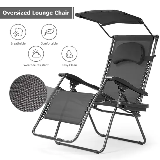 Folding Recliner Lounge Chair with Shade Canopy Cup Holder Black {5}
