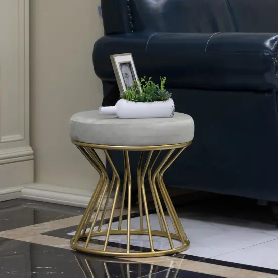 Modern Round Velvet Stool with Bent Gold Metal Base Standard Ottoman Gray {2}
