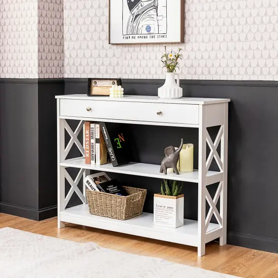 Console Table 3-Tier with Drawer and Storage Shelves White {2}