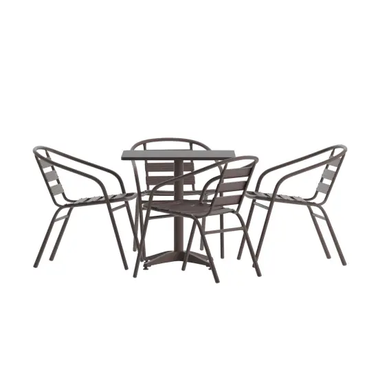 Emma and Oliver 27.5'' Square Aluminum Indoor-Outdoor Table Set with 4 Slat Back Chairs Bronze {1}