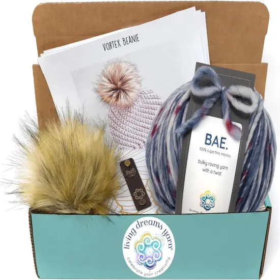 DIY Winter Hat Crochet Kit. Includes Bulky Superfine Merino Wool Yarn, Printed Pattern, Pom-Pom, Rim Tag. Soft, Cozy, Great for Gifts Domestic Bliss {1}