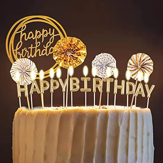 Birthday Candles Set - Cake Topper Decoration with Cake Candles Confetti Balloon Stars and Fan Cupcake Toppers 12 Pieces Birthday Cake Decor for Birthday Party Celebration (Gold) {4}