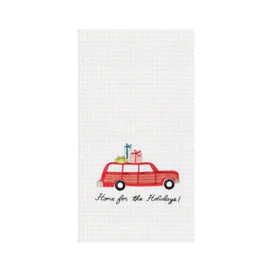 27" x 18""Home For Holidays" Sentiment with Red Station Wagon Car Cotton Embroidered & Waffle Weave Kitchen DIsh Towel {1}