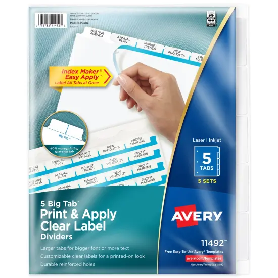Avery 5 Big Tab Dividers for 3 Ring Binder, Easy Print & Apply Clear Label Strip, Index Maker Customizable White Tabs, 5 Sets (11492) {1}