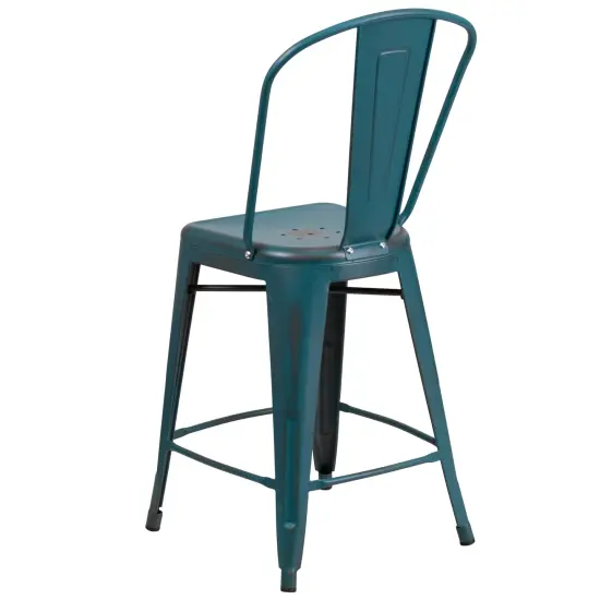 Emma and Oliver Commercial Grade 4 Pack 24" High Distressed Metal Indoor-Outdoor Counter Height Stool with Back Kelly Blue-Teal {4}