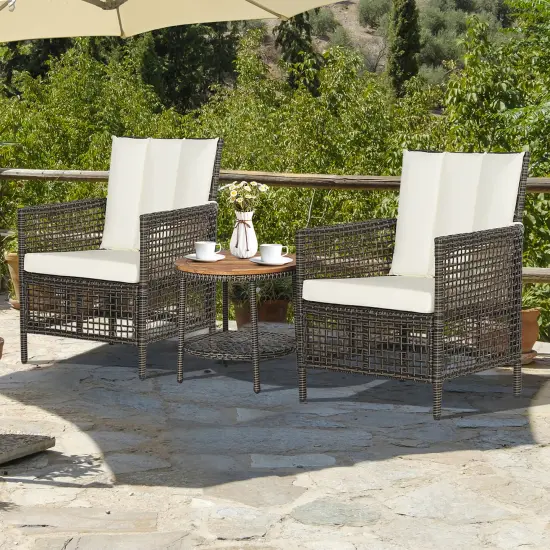 Costway Patiojoy 3PCS Patio Rattan Furniture Set Cushioned Sofas Wood Table Top W/Shelf {2}