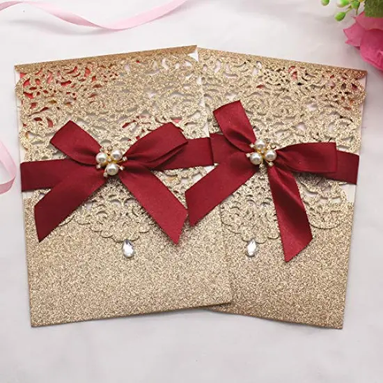 25 Pieces Gold Glitter Laser Cut Invitations with RSVP Cards and Envelopes Luxury Diamond and Ribbon Design with 250GSM Pearl Paper Insert for Wedding Engagement Birthday Quinceanera Invite {5}