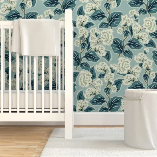 Pre-Pasted Wallpaper 2FT Wide Farmhouse Floral Blue Botanical Traditional Transitional Cottage Custom Pre-pasted Wallpaper by Spoonflower {7}