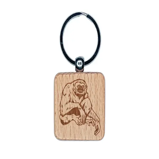 White Handed Gibbon Engraved Wood Square Keychain Tag Charm {1}