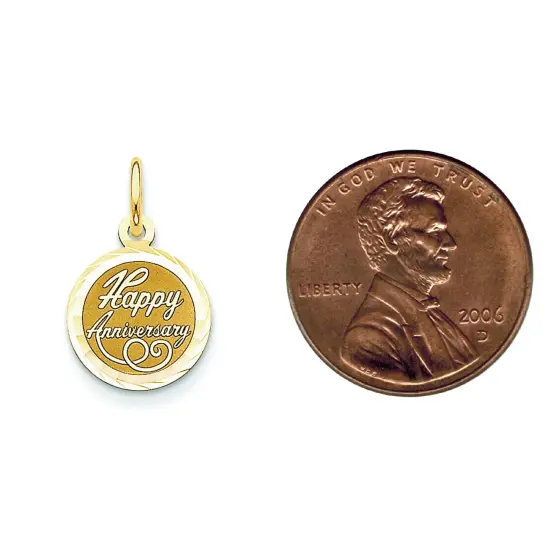 14K Yellow Gold Happy Anniversary Disc Charm Pendant Jewerly 21mm x 13mm {2}