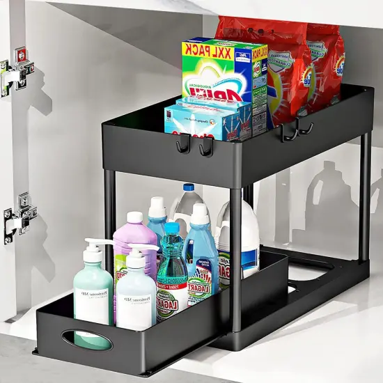 2-Tier Under Sink Cabinet Organizer with Sliding Storage Drawer . {3}