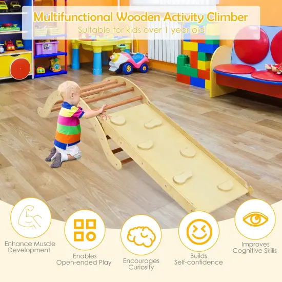 3-in-1 Kids Climber Set Wooden Arch Triangle Rocker with Ramp and Mat Natural {3}