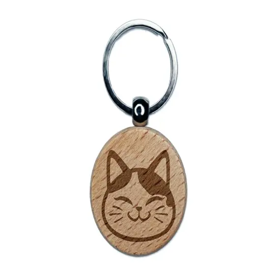Happy Spotted Cat Face Engraved Wood Round Keychain Tag Charm {1}
