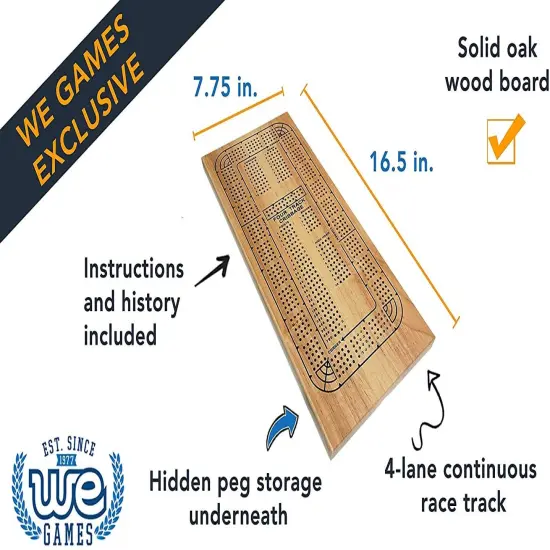 WE Games Classic Solid Wood, 4 Track Cribbage Board {3}