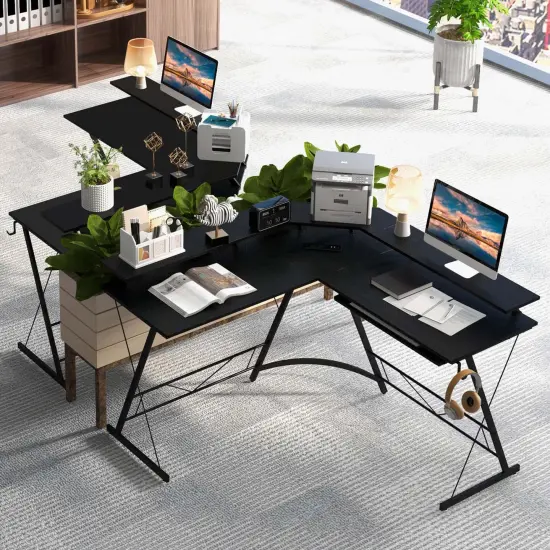 Costway L-shaped Computer Desk with Power Outlet 51" Corner Computer Workstation Rustic Brown/Black {9}