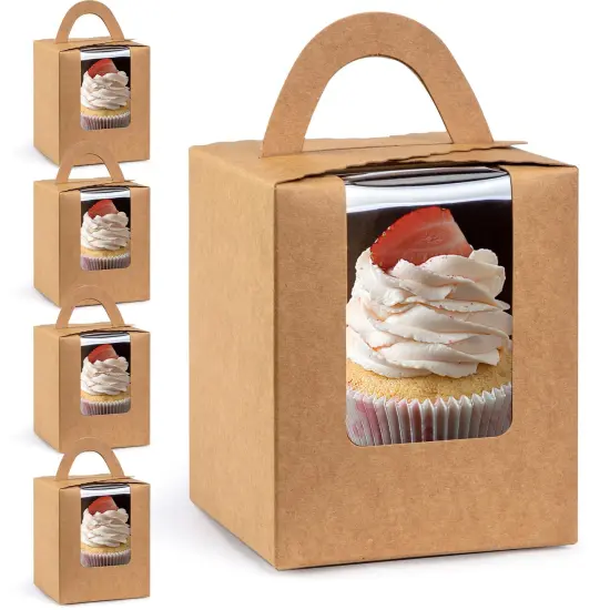 60 Pieces Kraft Cupcake Boxes, Cupcake Carrier with Window Insert and Handle Kraft Pastry Containers Muffins Cupcake Carriers for Bakery Wrapping Party Favor Packing {2}