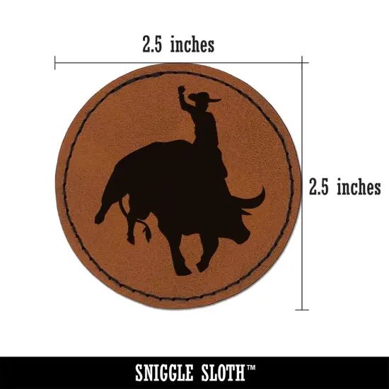 Rodeo Cowboy Riding on Bucking Bull Round Iron-On Engraved Faux Leather Patch Applique - 2.5" Brown {3}