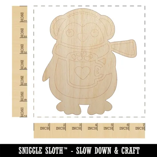 Winter Penguin with Hot Chocolate Heart Mug Unfinished Wood Shape Piece Cutout for DIY Craft Projects {1}