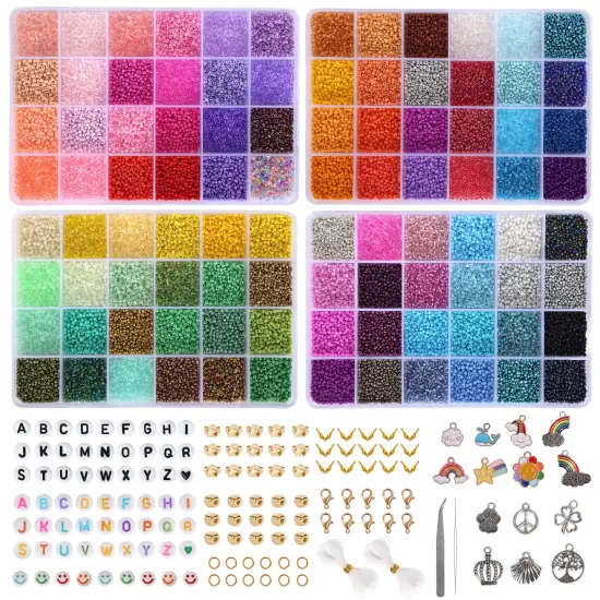 48000 Pieces 2mm Glass Seed Beads for Jewelry Making Kit, 96 Colors Small Bracelet Beads with Pendant Charms Kit and Letter Beads for Bracelets Necklace Ring Making, DIY, Art and Craft {1}