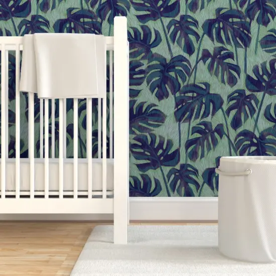 Pre-Pasted Wallpaper 2FT Wide Blue Palm Tropical Foliage Rainforest Summer Ink Green Houseplant Custom Pre-pasted Wallpaper by Spoonflower {7}