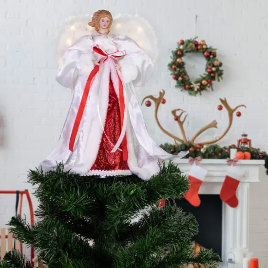 Northlight 14" White and Red Angel with Lighted Wings Christmas Tree Topper {3}
