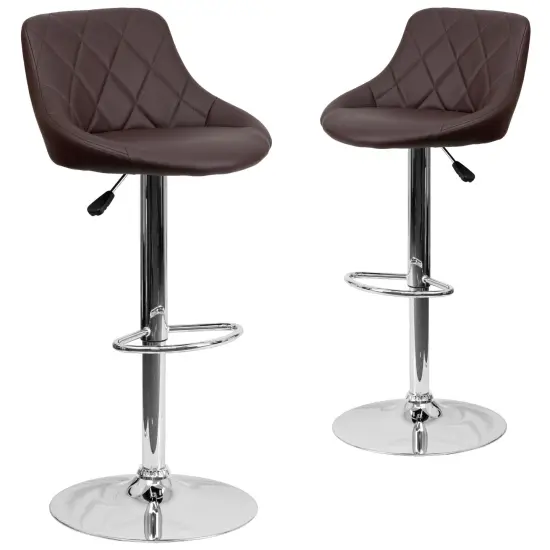 Emma and Oliver 2 Pack Contemporary Vinyl Bucket Seat Adjustable Height Barstool with Diamond Pattern Back and Chrome Base Brown {1}