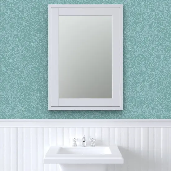 Pre-Pasted Wallpaper 2FT Wide Blue Large Scale Waves Clouds Beach Coastal Teal Ocean Pop Art Modern Whimsical Custom Pre-pasted Wallpaper by Spoonflower {6}