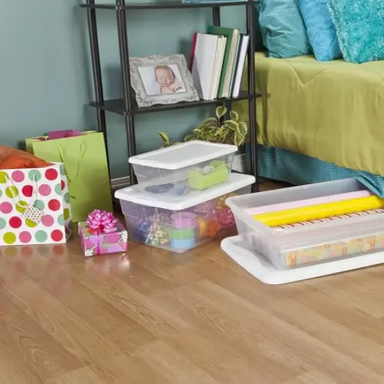 Sterilite 6 Qt Storage Box, Stackable Bin with Lid, Plastic Container to Organize Shoes and Crafts on Closet Shelves, Clear with White Lid, 12-pack {2}