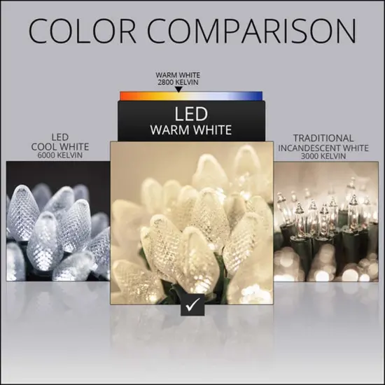 25 Warm White C7 LED Christmas Lights, Green Wire, 8" Spacing {5}