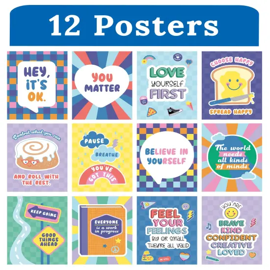 Carson Dellosa We Stick Together 12-Piece Posters Set, Motivational 8.5" x 11" 70s and 80s Groovy Wall Art With Positive Affirmations for Bulletin Board, Door, Retro Classroom Decor {2}