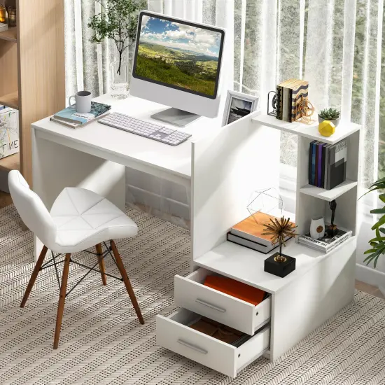 Costway Computer Desk Laptop Table Writing Study Desk Home Office with Bookshelf & Drawers {5}