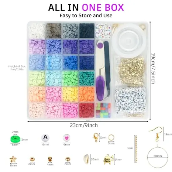 6000 Pieces Clay Beads for Bracelet Making, 24 Colors Flat Round Polymer Clay Beads 6mm Spacer Heishi Beads with Pendant Charms Kit and Elastic Strings for Jewelry Making Kit Bracelets Necklace {4}