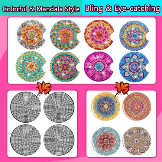 8 Pcs Diamond Art Car Coasters - 2.8 Inches Mandala Diamond Painting Coasters by BSRESIN, Small Diamond Painting Kits, DIY Crafts for Adults {6}