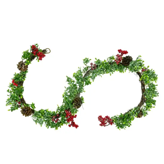 Northlight Glittered Artificial Boxwood Pine Cone and Berry Christmas Garland - 6' - Unlit Green {1}
