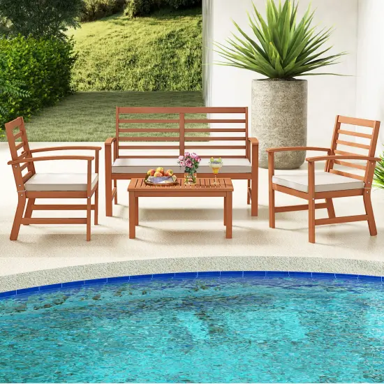4 Pieces Outdoor Furniture Set With Stable Acacia Wood Frame White {1}
