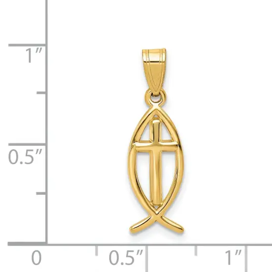 14K Yellow Gold Ichthus Fish Cross Charm Pendant {5}