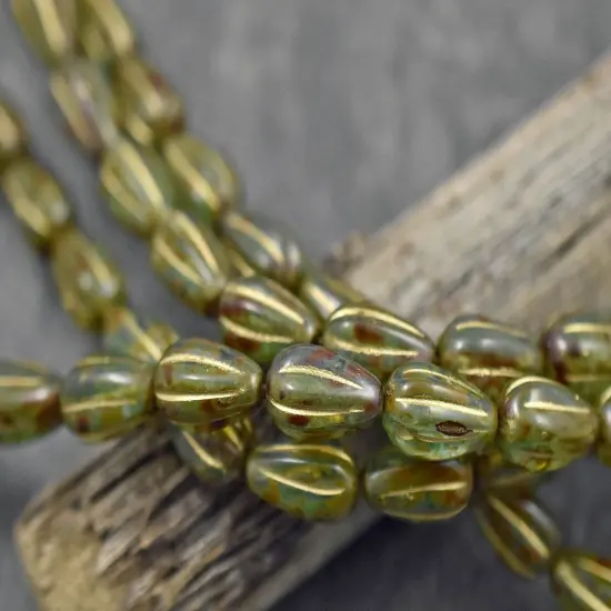 *15* 13x8mm Gold Washed Olive Green Picasso Melon Drop Beads {3}