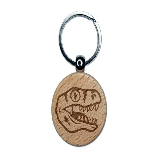Velociraptor Dinosaur Head Engraved Wood Round Keychain Tag Charm {1}