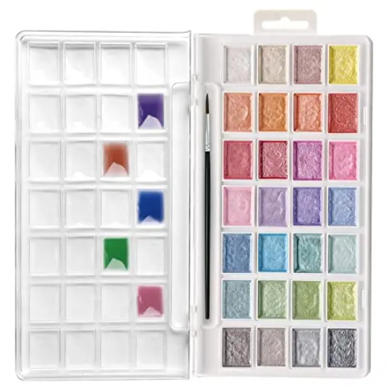 Watercolor Paint Set, 28 Glitter Metallic Colors, Semi-Moist Pearlescent Water color, Idea for Beginners and Artists {2}