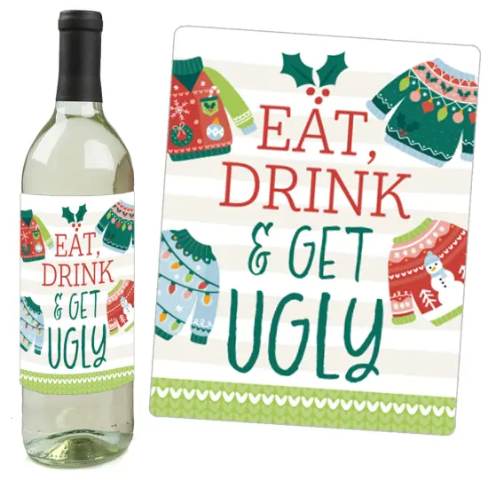 Big Dot of Happiness Colorful Christmas Sweaters - Ugly Sweater Holiday Party Decorations for Women and Men - Wine Bottle Label Stickers - Set of 4 {6}